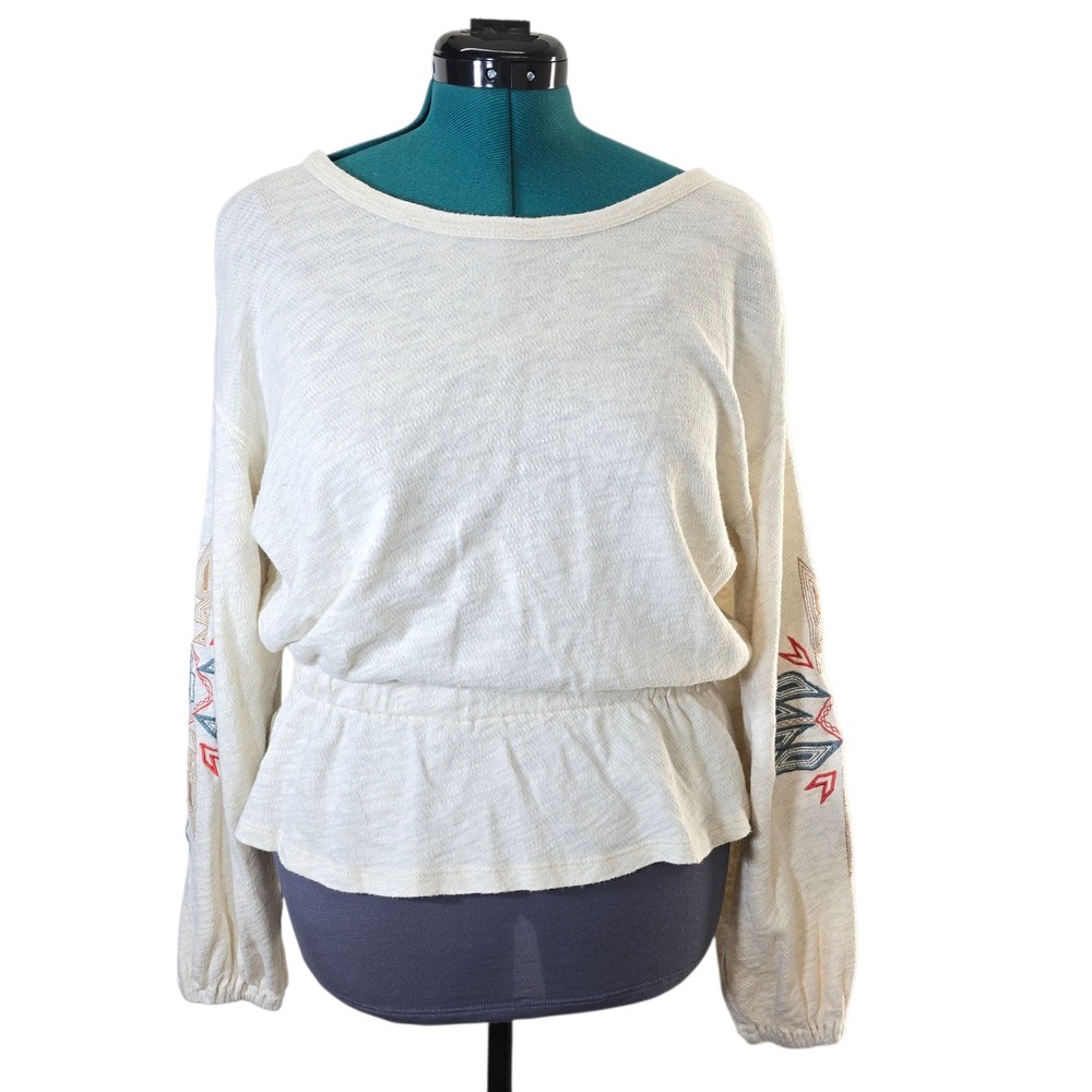 Wrangler Retro Women's L Embroidered Sleeve Peasant Top Blouse‎ Ivory Boho